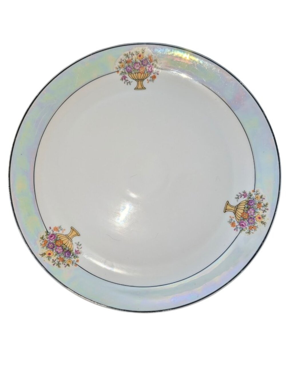 Vintage Bavaria Porcelain Plate With Iridescent Finish & Floral Basket Design 12
